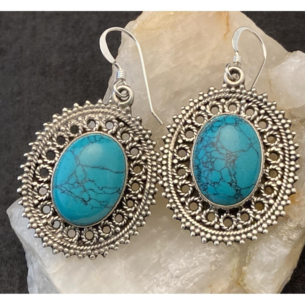 Vintage‎ Turquoise Dangle Drop Earrings Sterling 925 Silver 12g Boho Western
